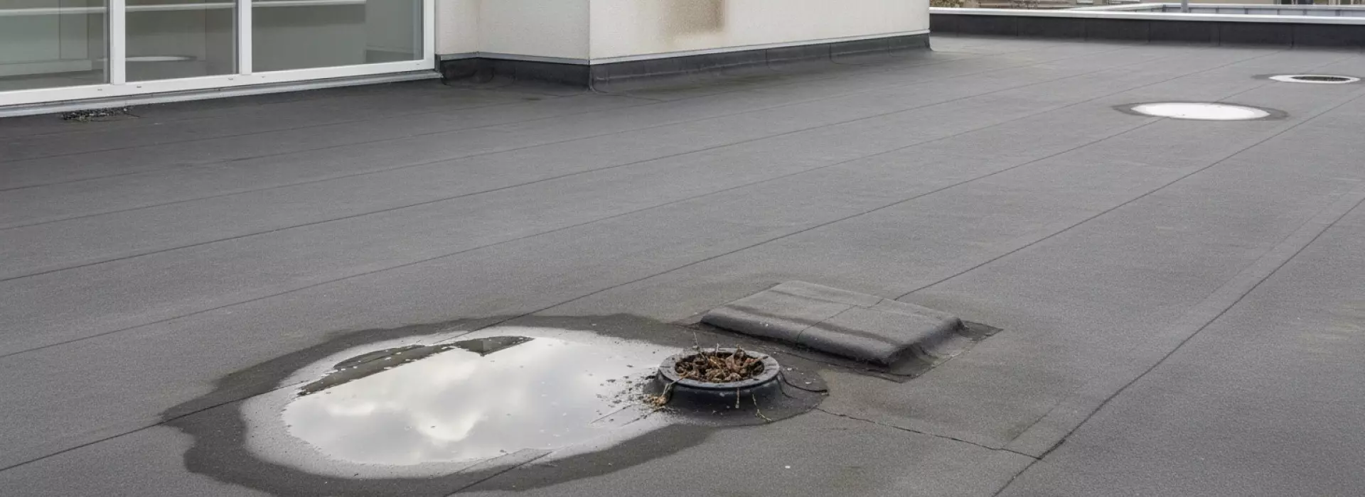 Praktijkvoorbeeld dat je helpt bij plassen of blazen door lekkage op plat dak.
