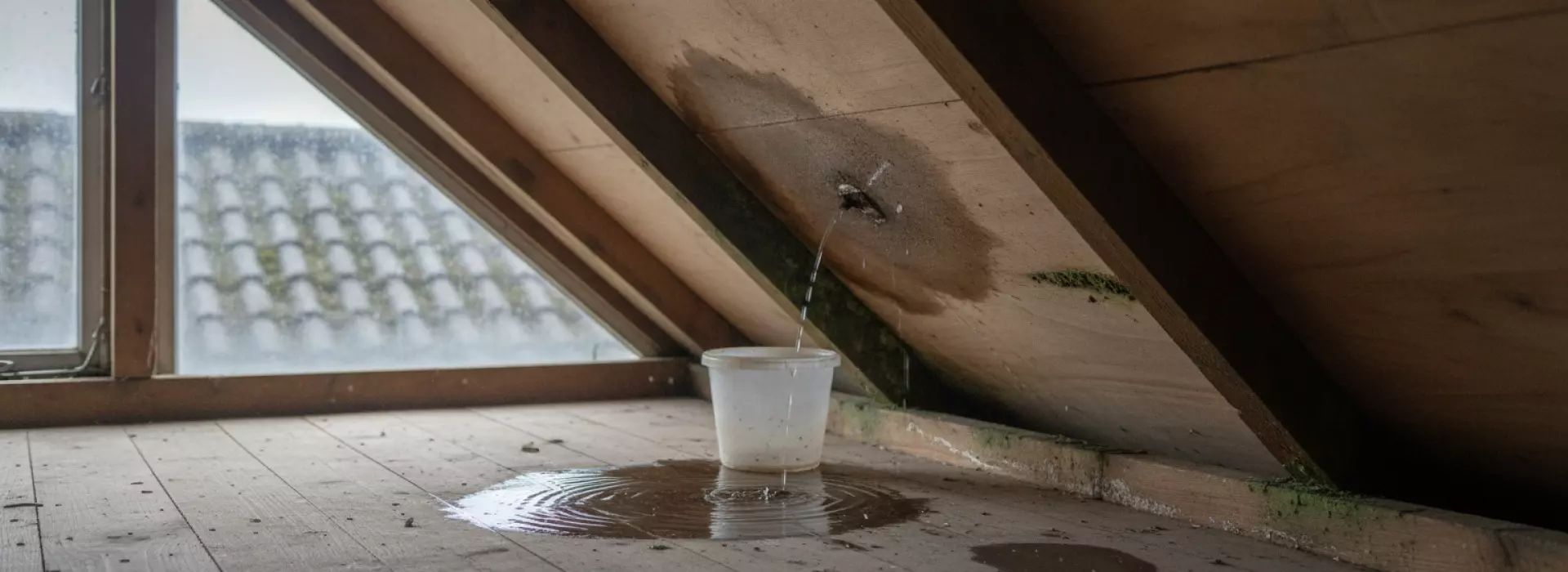 Praktijkvoorbeeld dat je helpt bij natte sporen op zolder door lekkage op hellend dak.